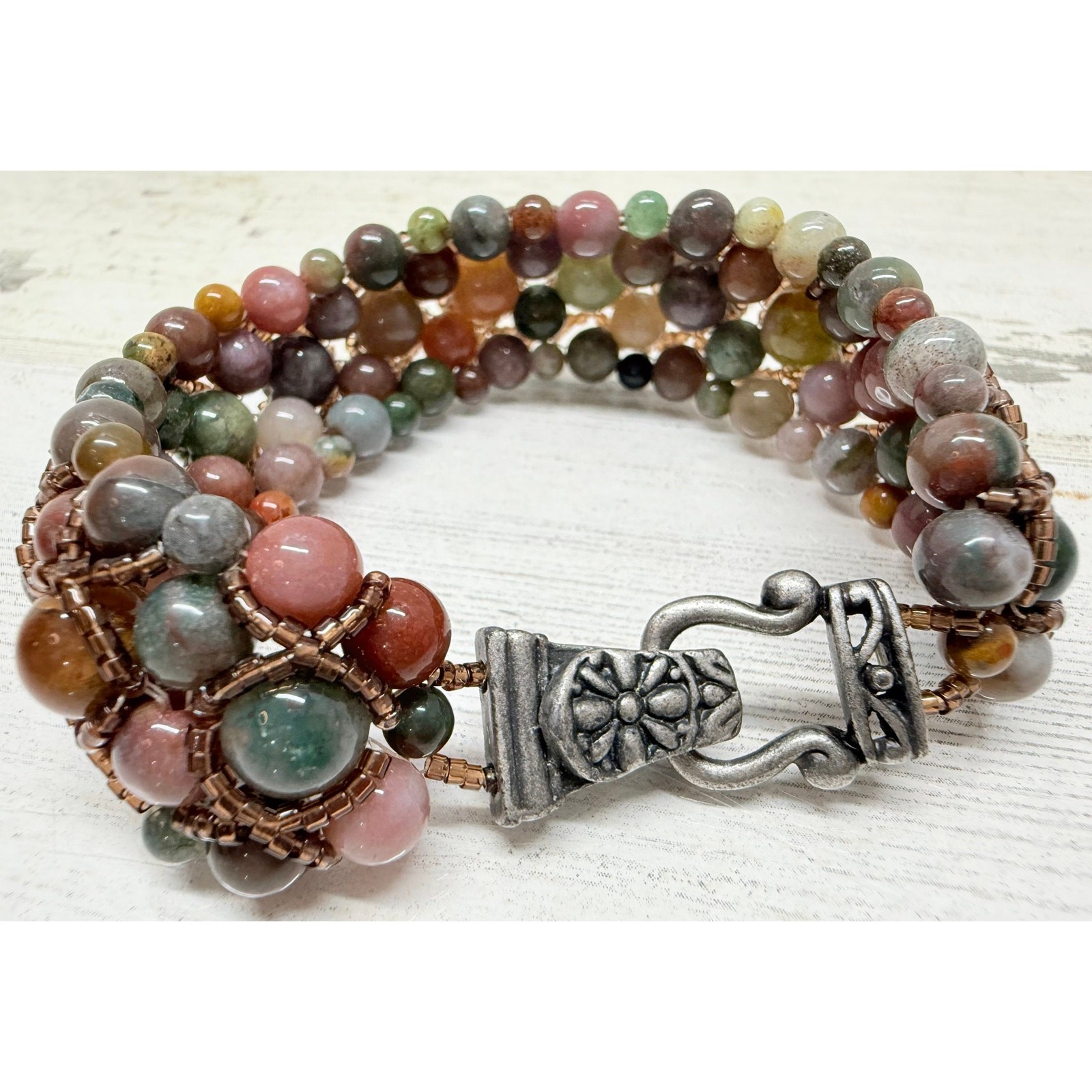 Multi-Tone Jasper Bead & Glass Seed Bead Bracelet