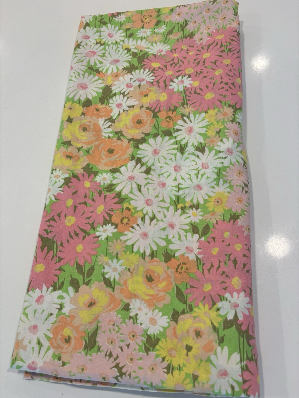 Vtg 70s Pequot Full Flat Sheet Daisy’s Pink Orange Flower Power 50/50 percale