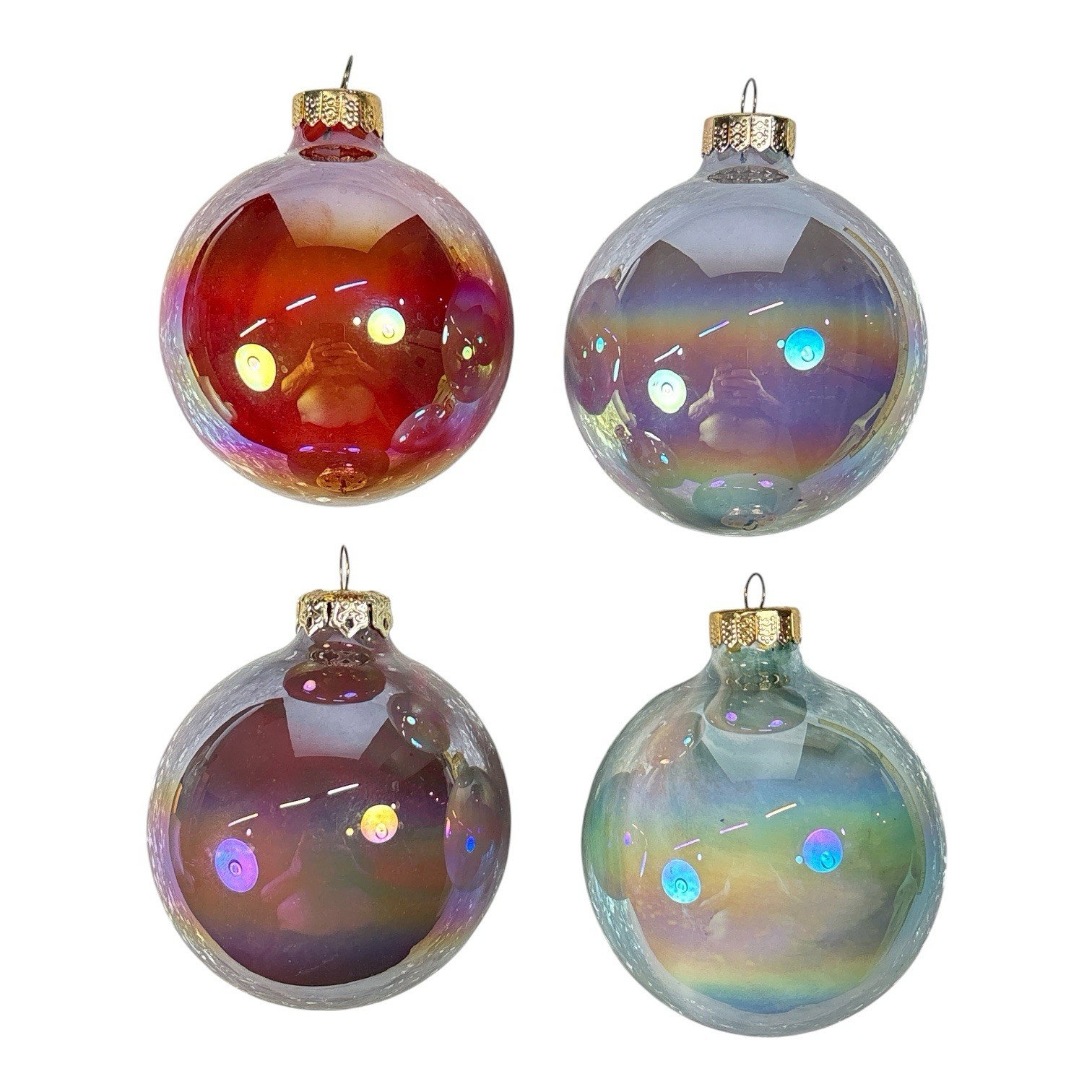 4 Vintage 2.5″ Rauch Hand Blown Art Glass Ornaments Iridescent Marbled Swirls