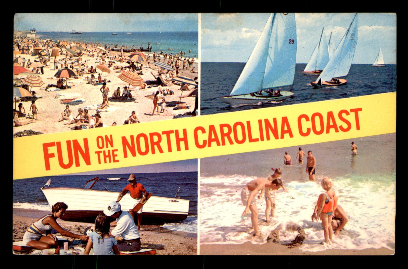 Fun On The North Carolina Coast Multiview People Boats Unp Postcard
