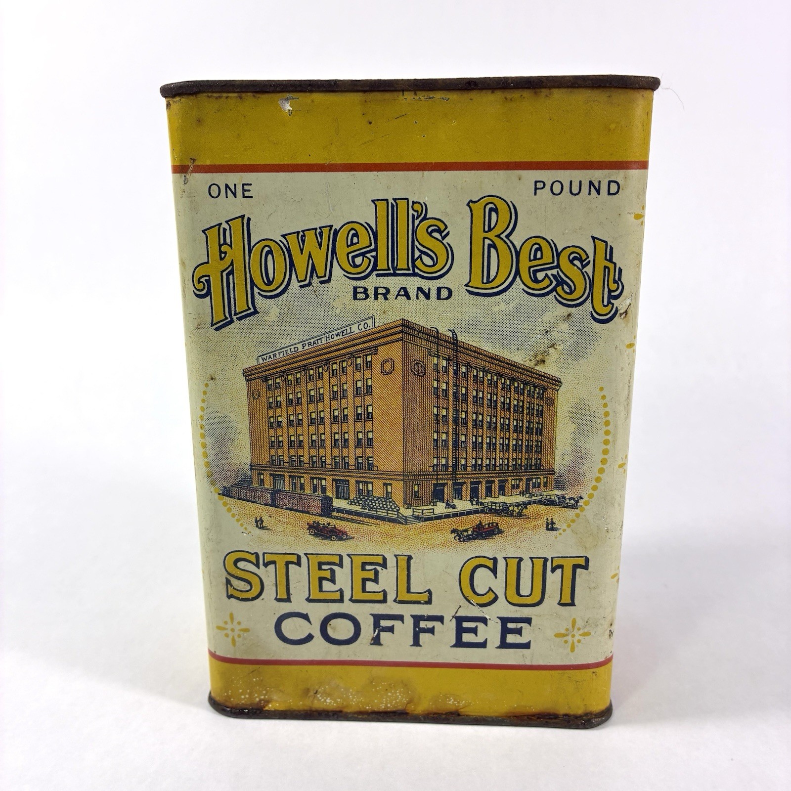 Antique Howell’s Best Litho. Coffee Advertising 1lb Tin Can Iowa Factory Vtg