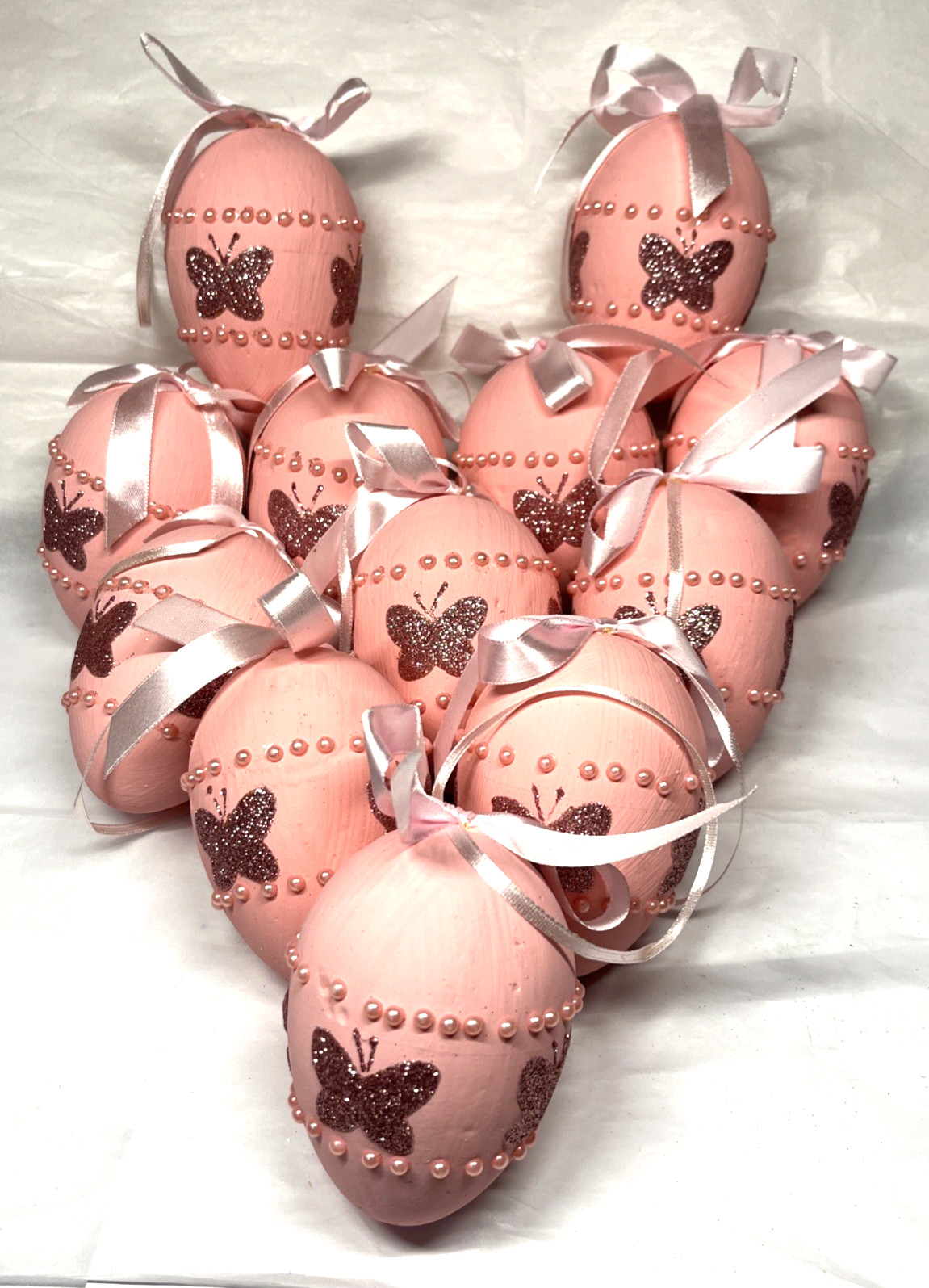 12 Pink Styrofoam Egg Easter Christmas Ornaments Faux Pearls Glitter Butterflies