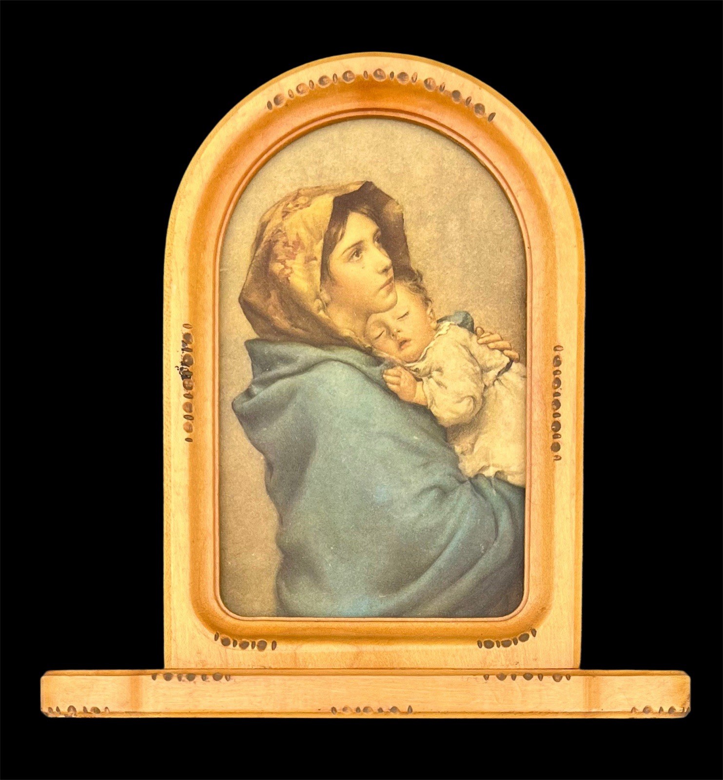 Vintage Madonna And Child Print Hand Carved Wood Frame Wall Plaque Devotional