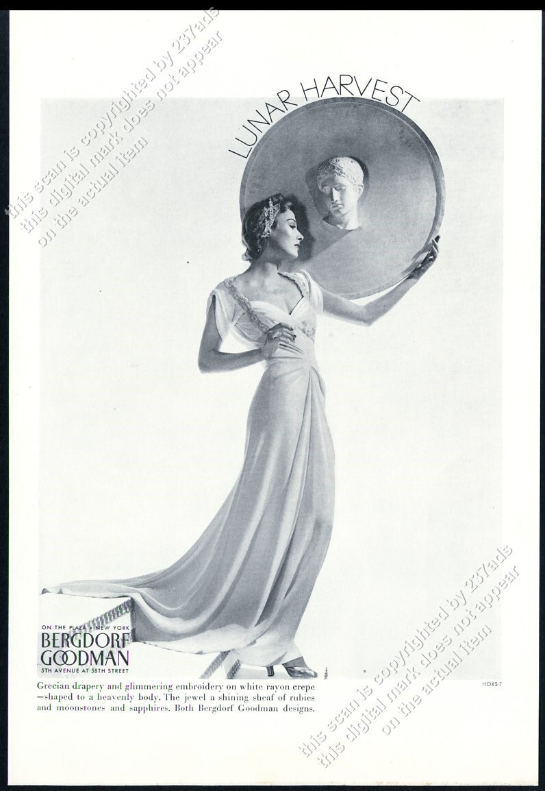 1942 Horst photo elegant woman white dress Bergdorf Goodman vintage print ad