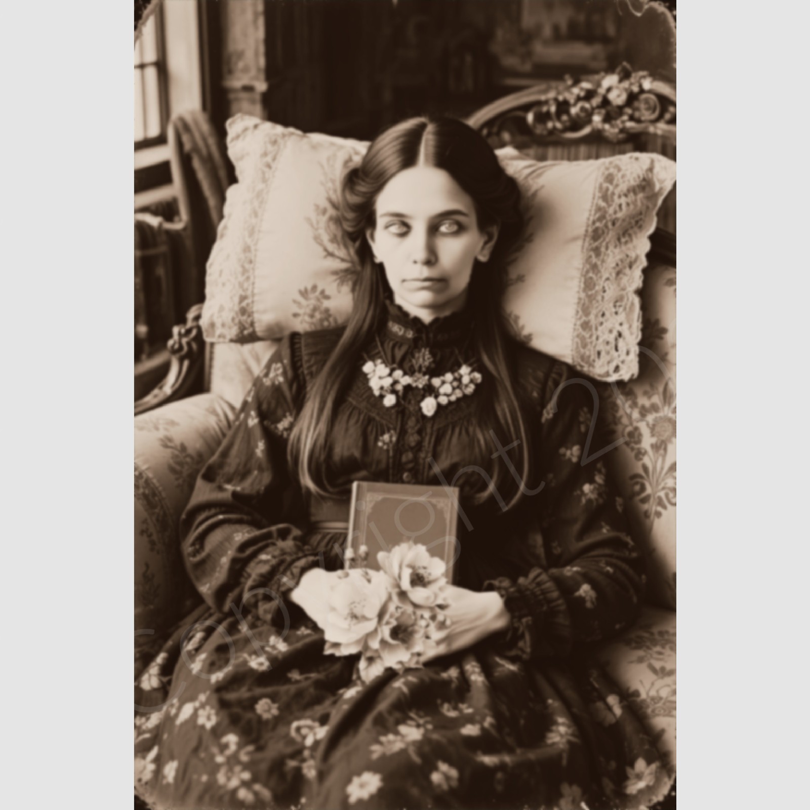 Woman Photo Post Mortem Print Lady Book Flowers Victorian 4 by 6 Photograph