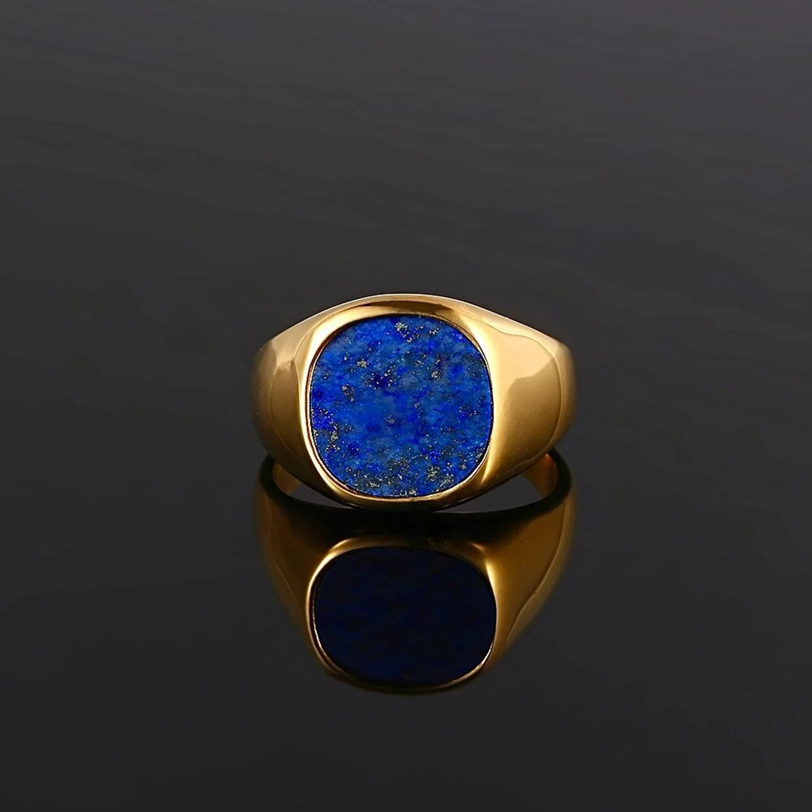 Unique Men’s 18K Yellow Gold Over Oval Blue Lapis Lazuli Gemstone Signet Ring