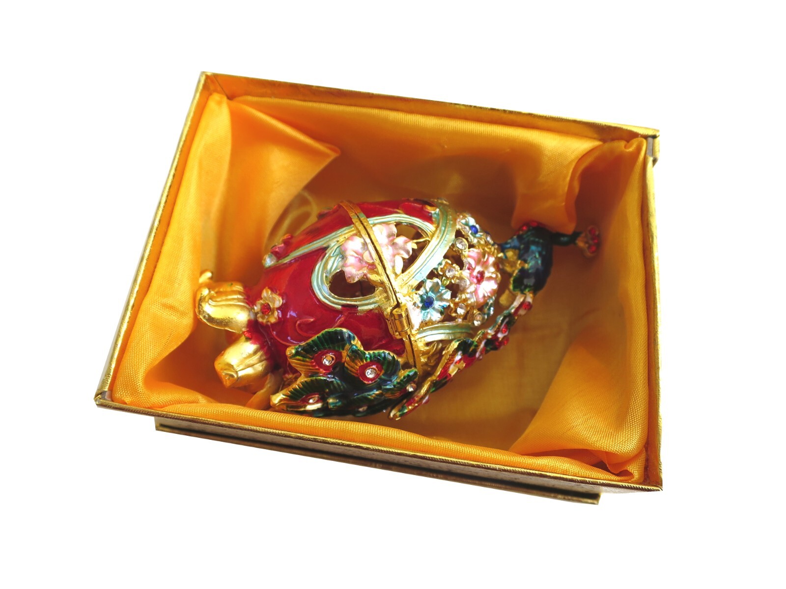 Bejeweled ” Peacock on Faberge Egg ” Hinged Metal Enamel trinket Box