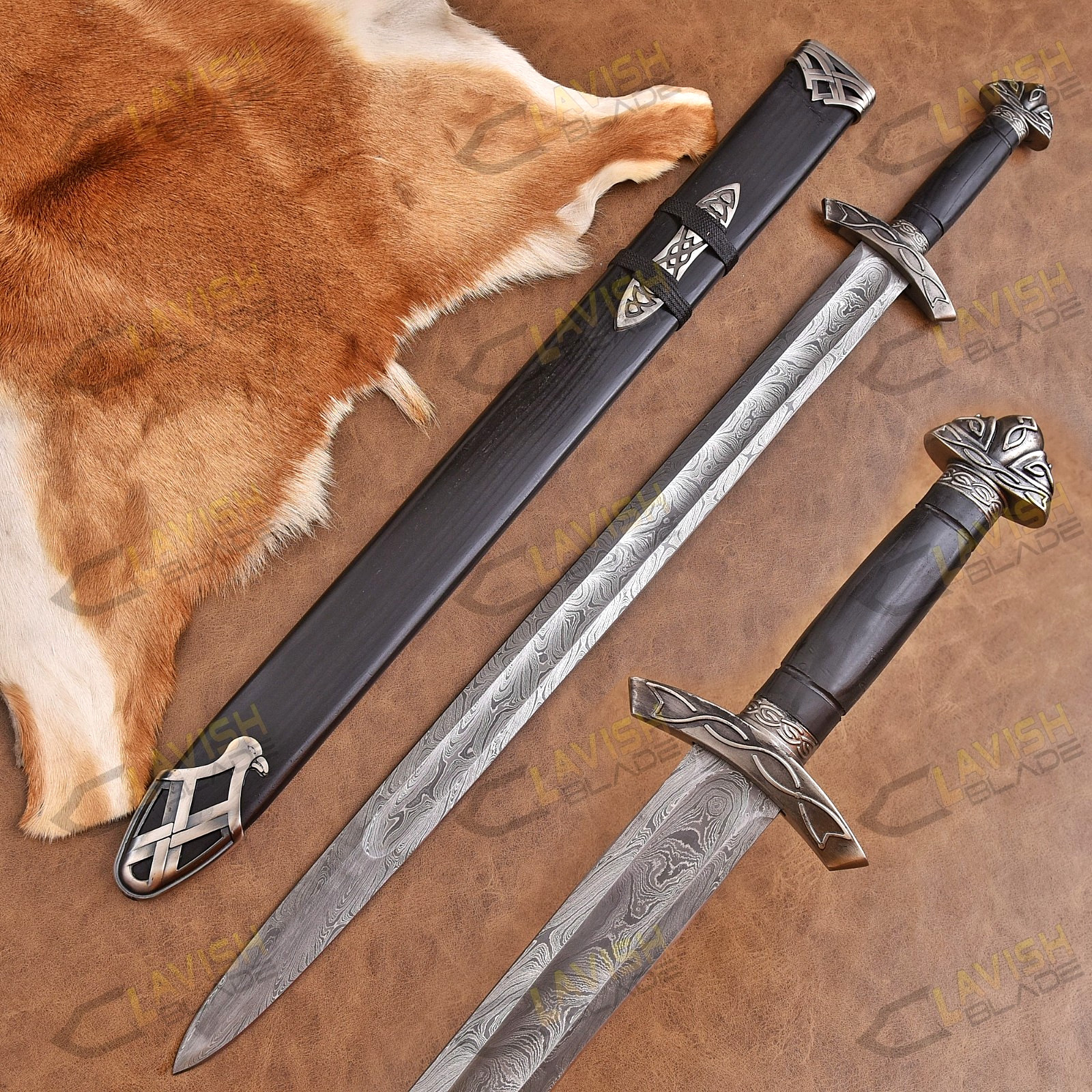 Hand Forged Damascus Steel Norsemen Sword Medieval Viking Replica with Scabbard.