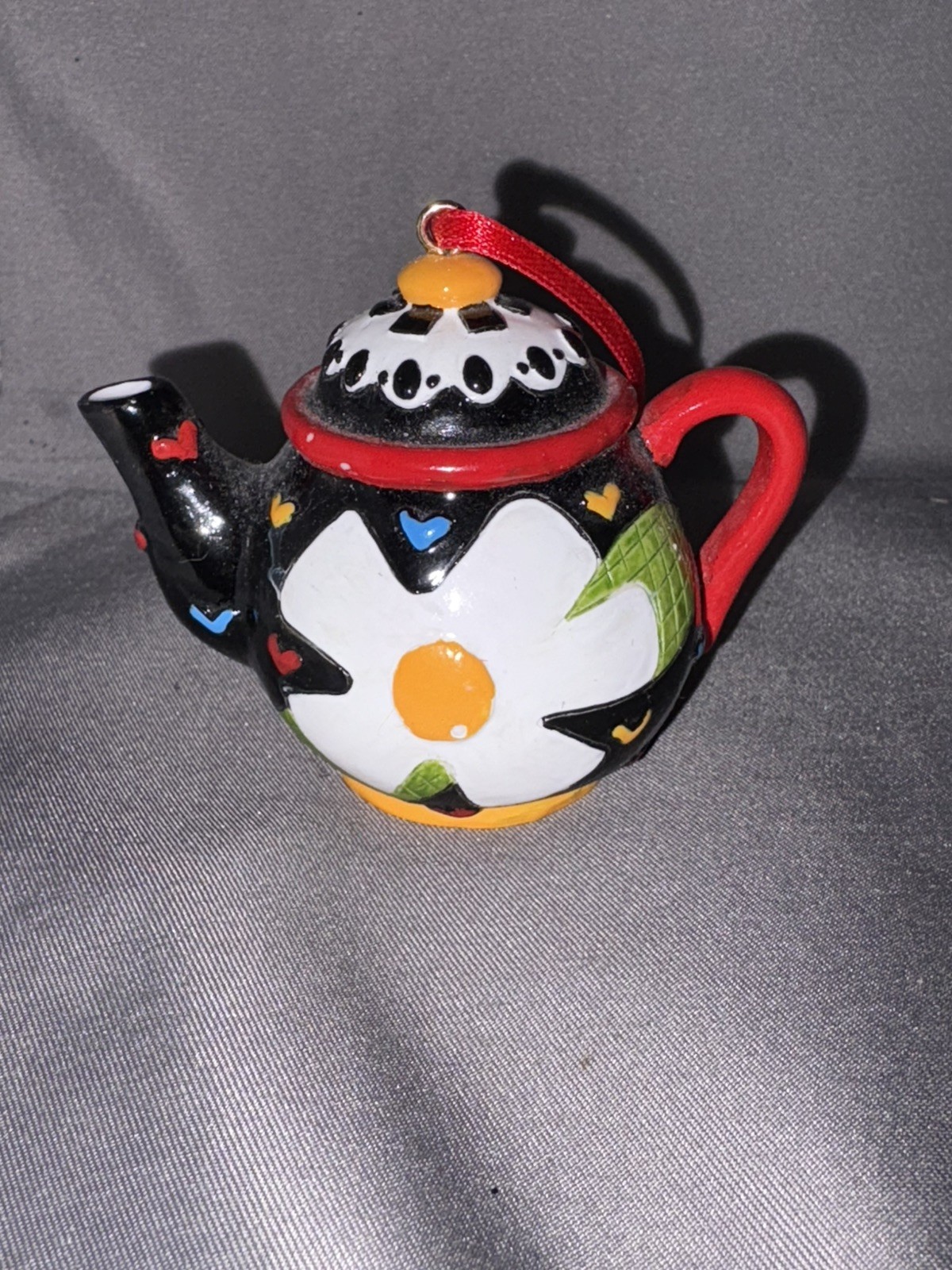 Mary Engelbreit Mini Teapot Ornament- Black w/ White/Yellow Flowers