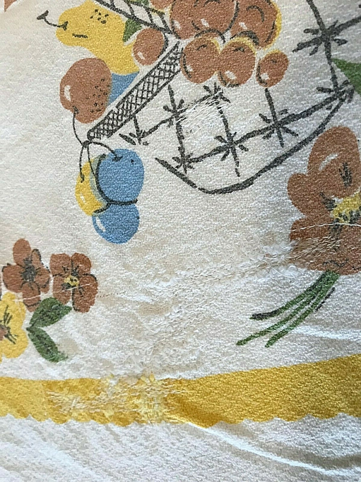 Table Cloth Fruit Basket Pears Apples Grapes Blue Tan Yellow 46″x52″ T52 Vtg