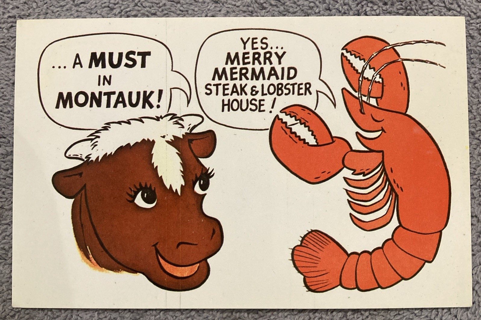 1960s Montauk Harbor NY Merry Mermaid Steak & Lobster House Ad Postcard
