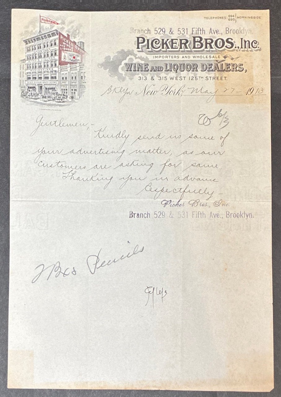 NEW YORK CITY ~ PICKER BROS., Wine & Liquor Dealers ~ Illus. Letterhead 1913