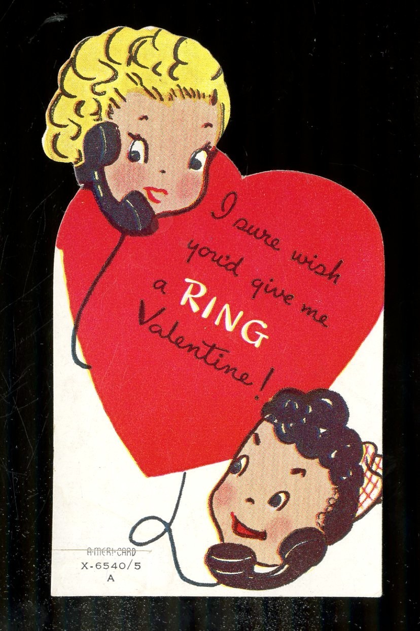 Vintage Valentines Day Card Little Girls on Telephone A-Meri-Card