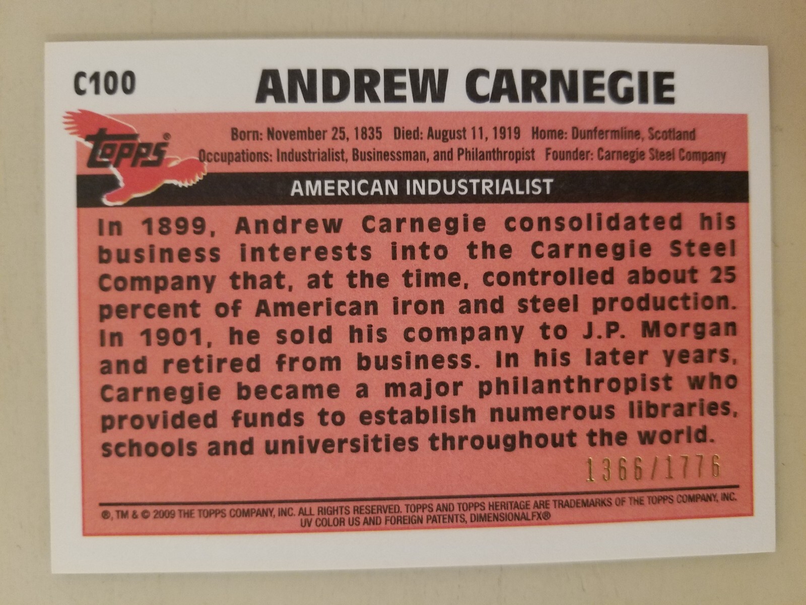 Andrew Carnegie Serial Numbered /1776 Topps Heritage Chrome Insert NICE!