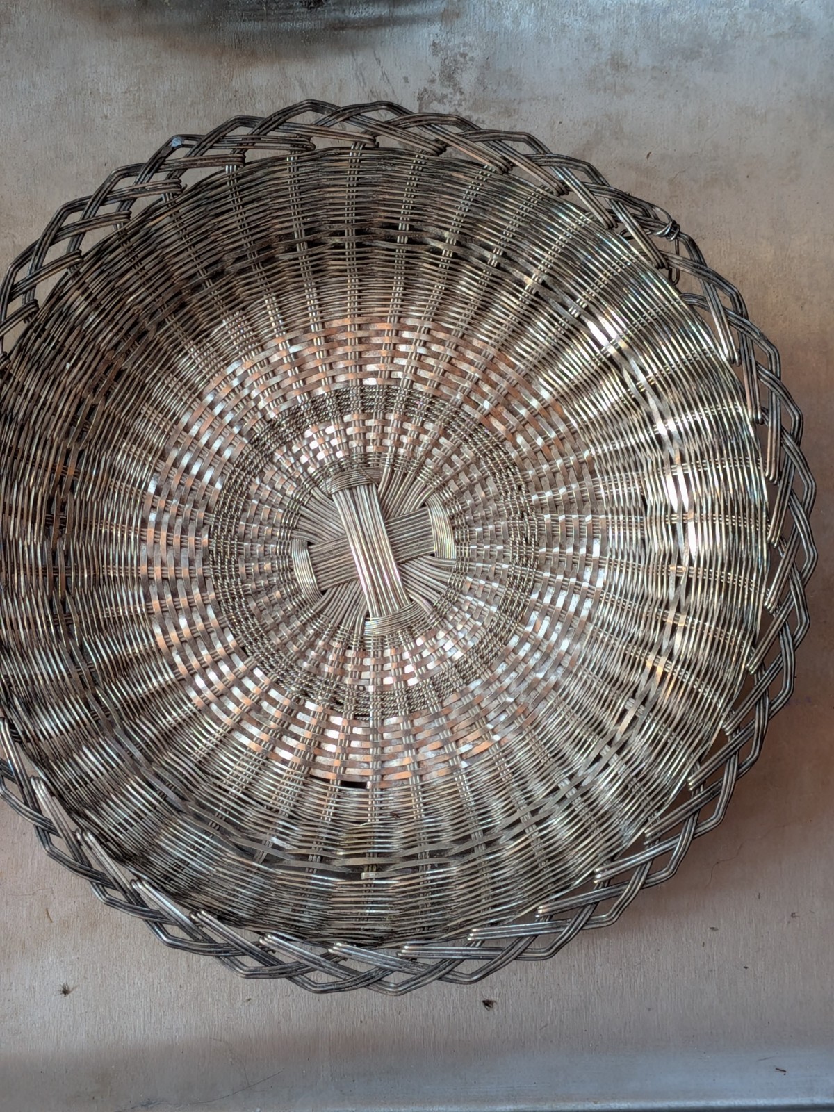 Vintage Silver Metal Woven Wire Basket, Round Floral Design With Handle