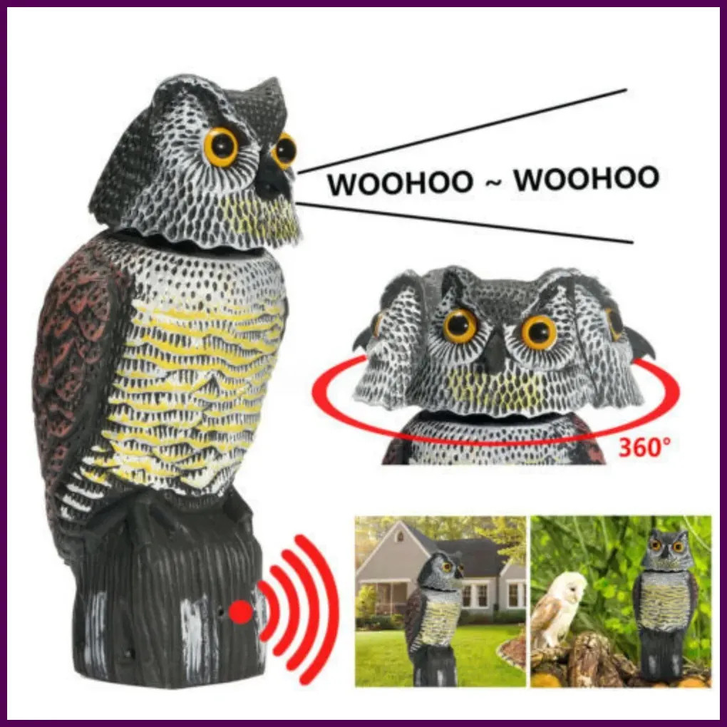 Fake Owl Decoy Plastic Owl Scarecrow Sculpture with Rotating Head and Sound for