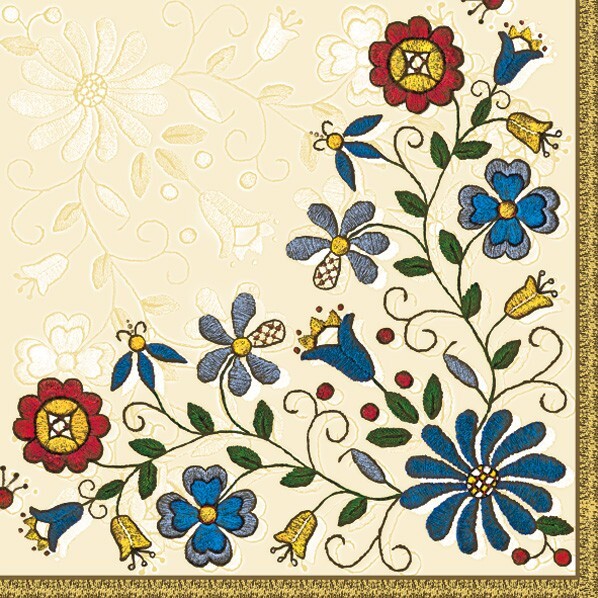 Decoupage Paper Napkins Folk Linen Floral Flowers – Two Single Luncheon Napkins