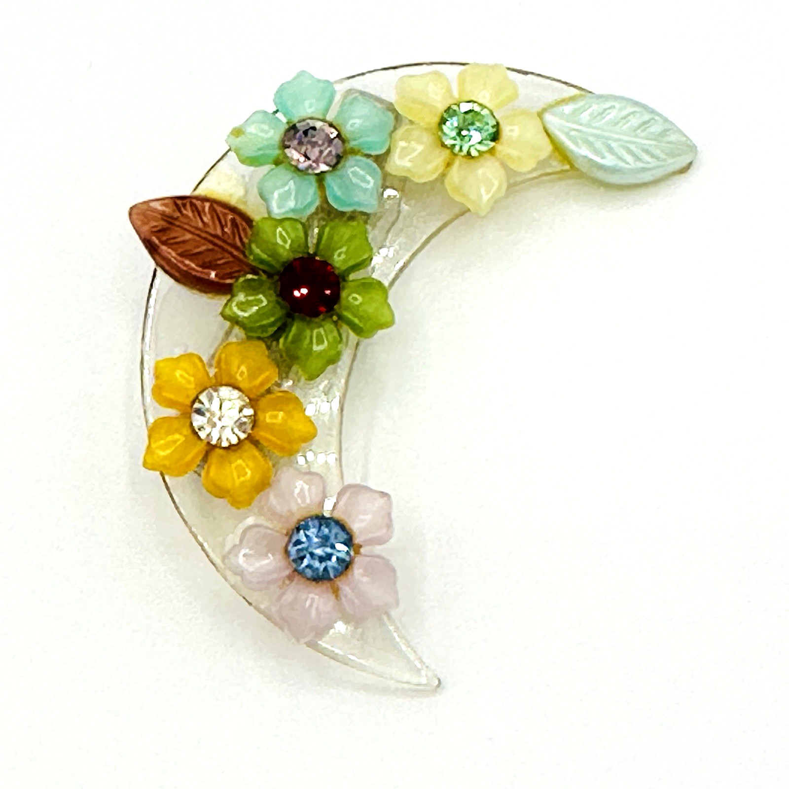 Vintage Lucite Crescent Moon Floral Brooch Pin Retro Rhinestone Flowers 2″