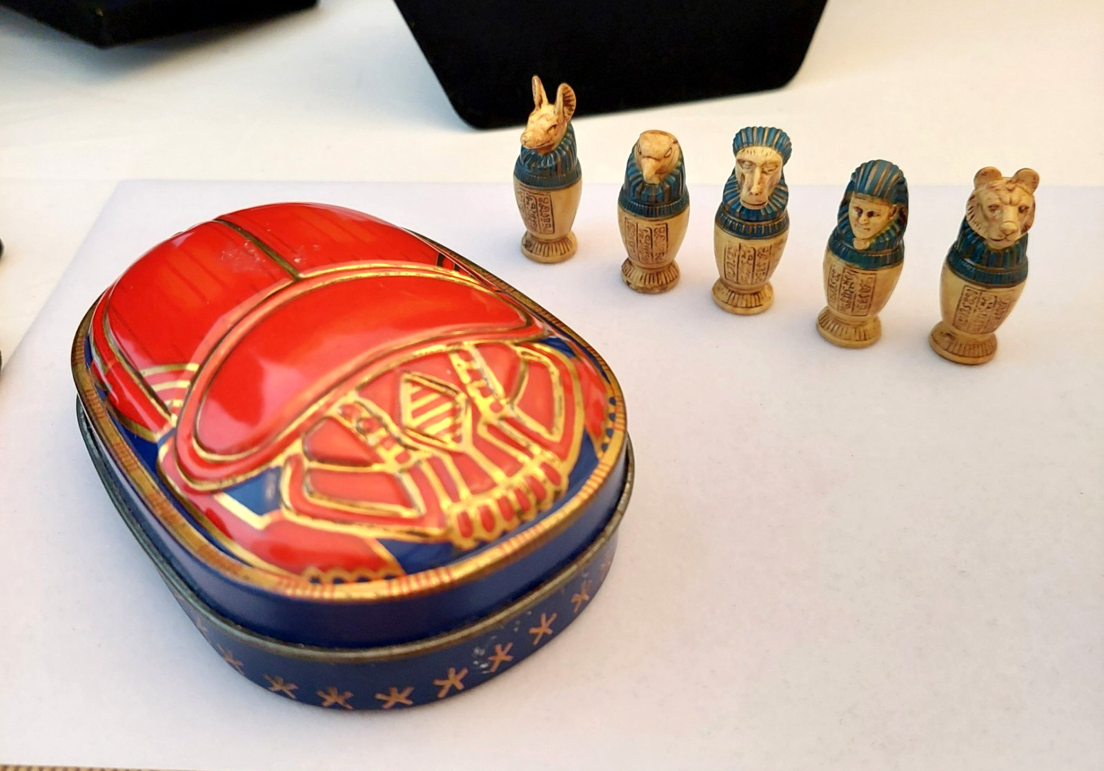 Vintage Egyptian Canapic Jars figures in Scarab Tin-Movie Prop Minis