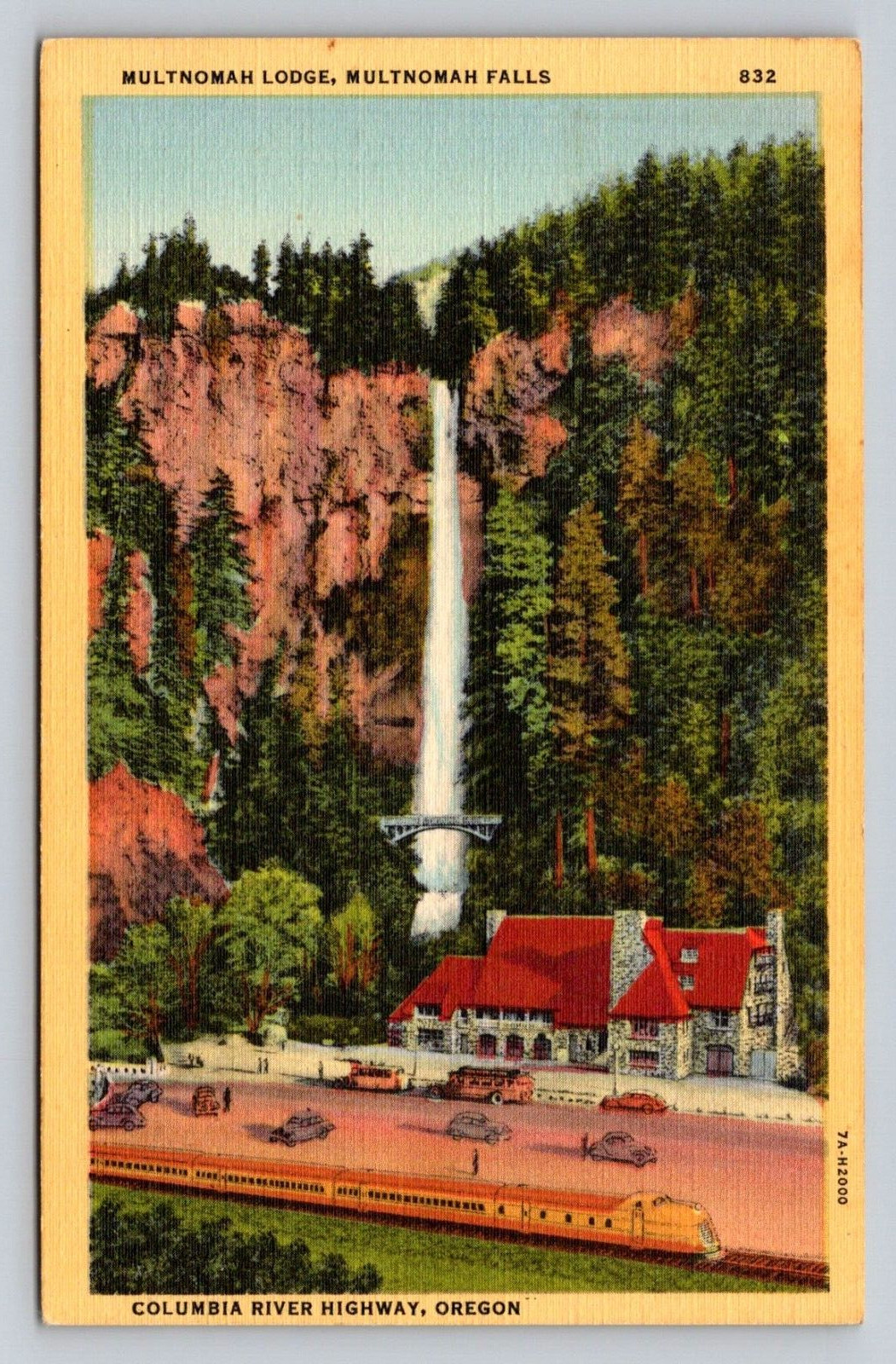 c1940s Linen Multnomah Lodge Falls Columbia River Highway Bus Cars Oregon P586