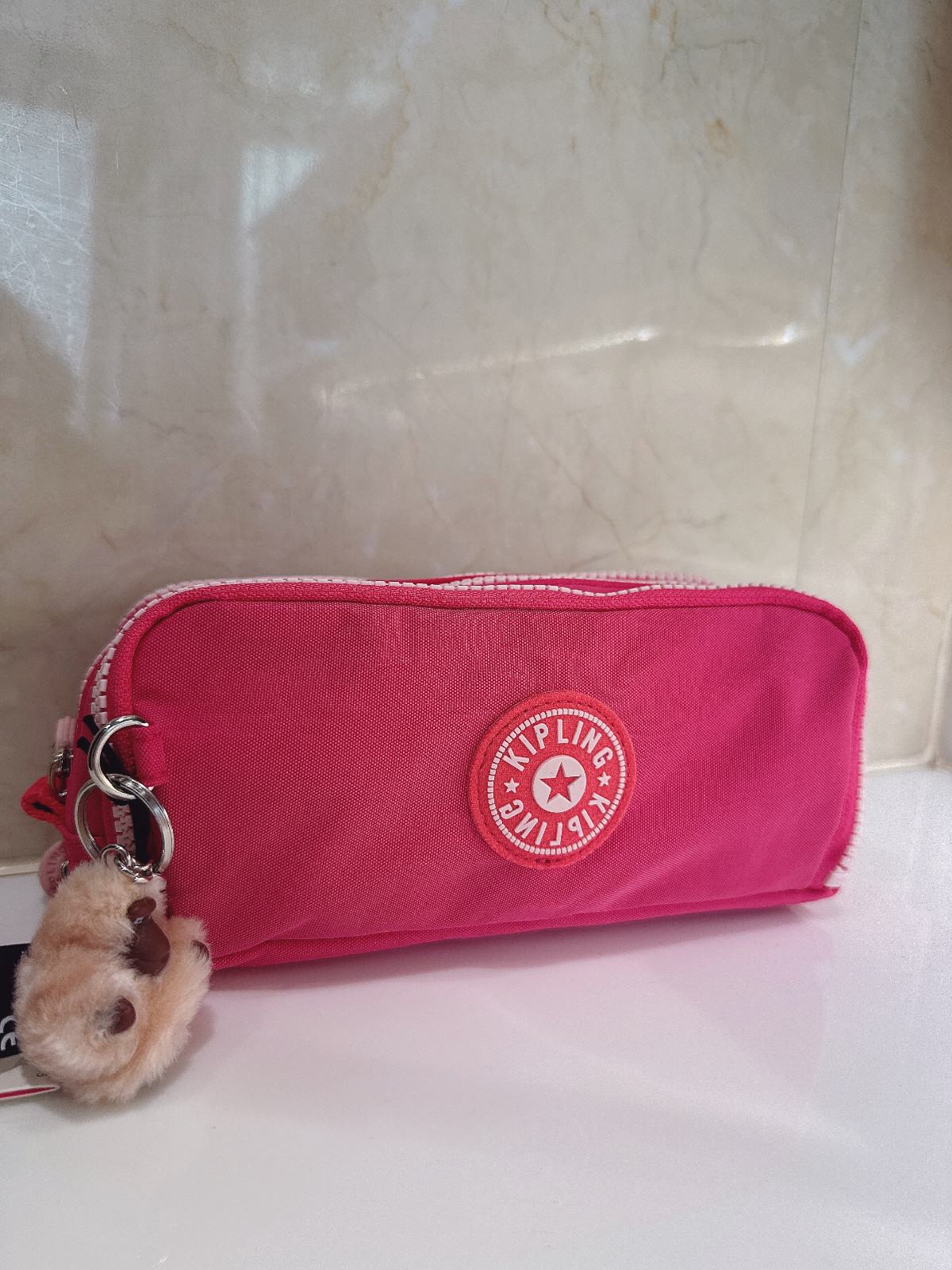 NWT Kipling Gitroy Pencil Case Cosmetic Case Happy Pink red Monkey Charm