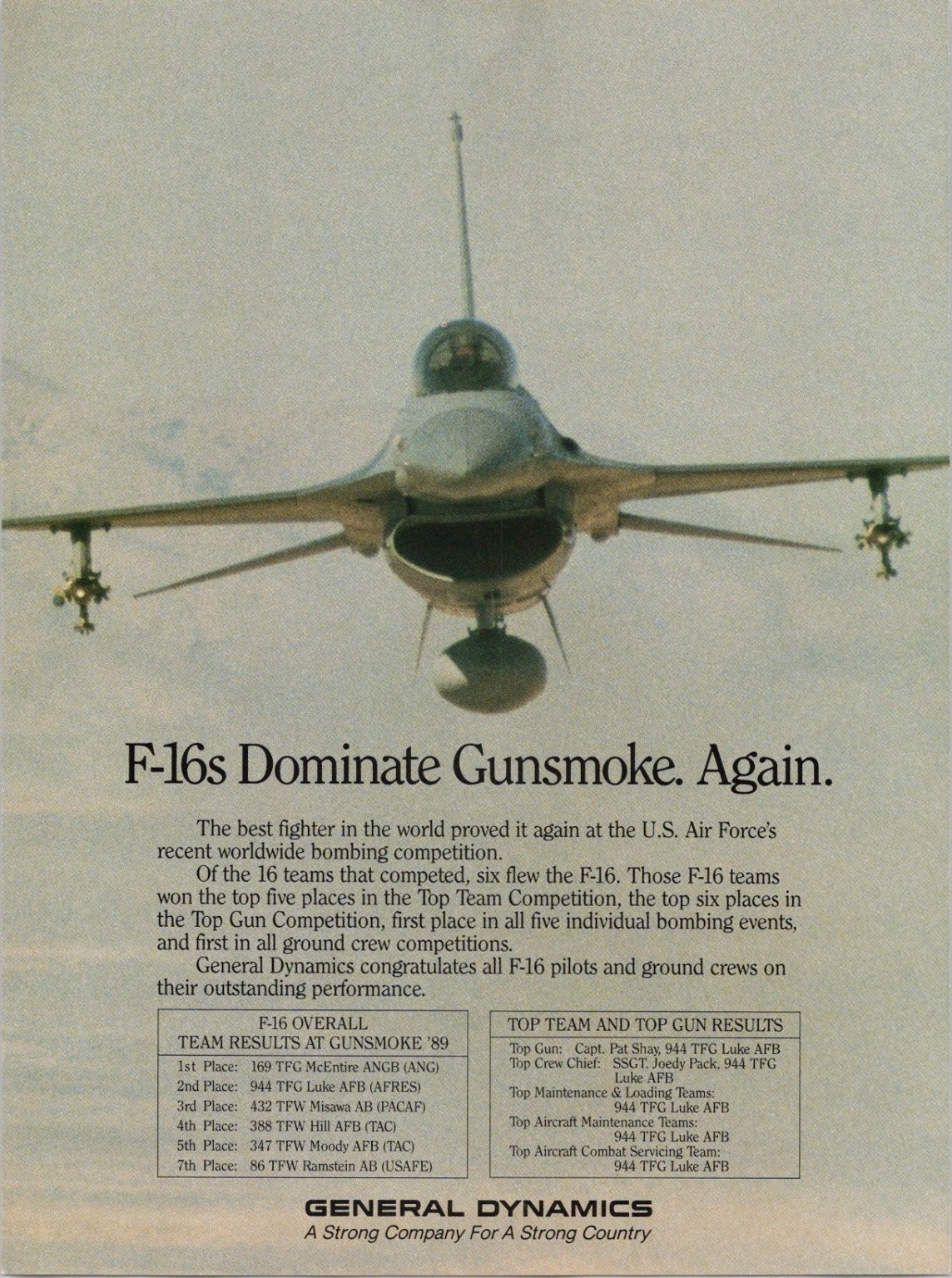 General Dynamics F-16 Fighter Jet Vintage Print Ad 1990 Gunsmoke Aviation
