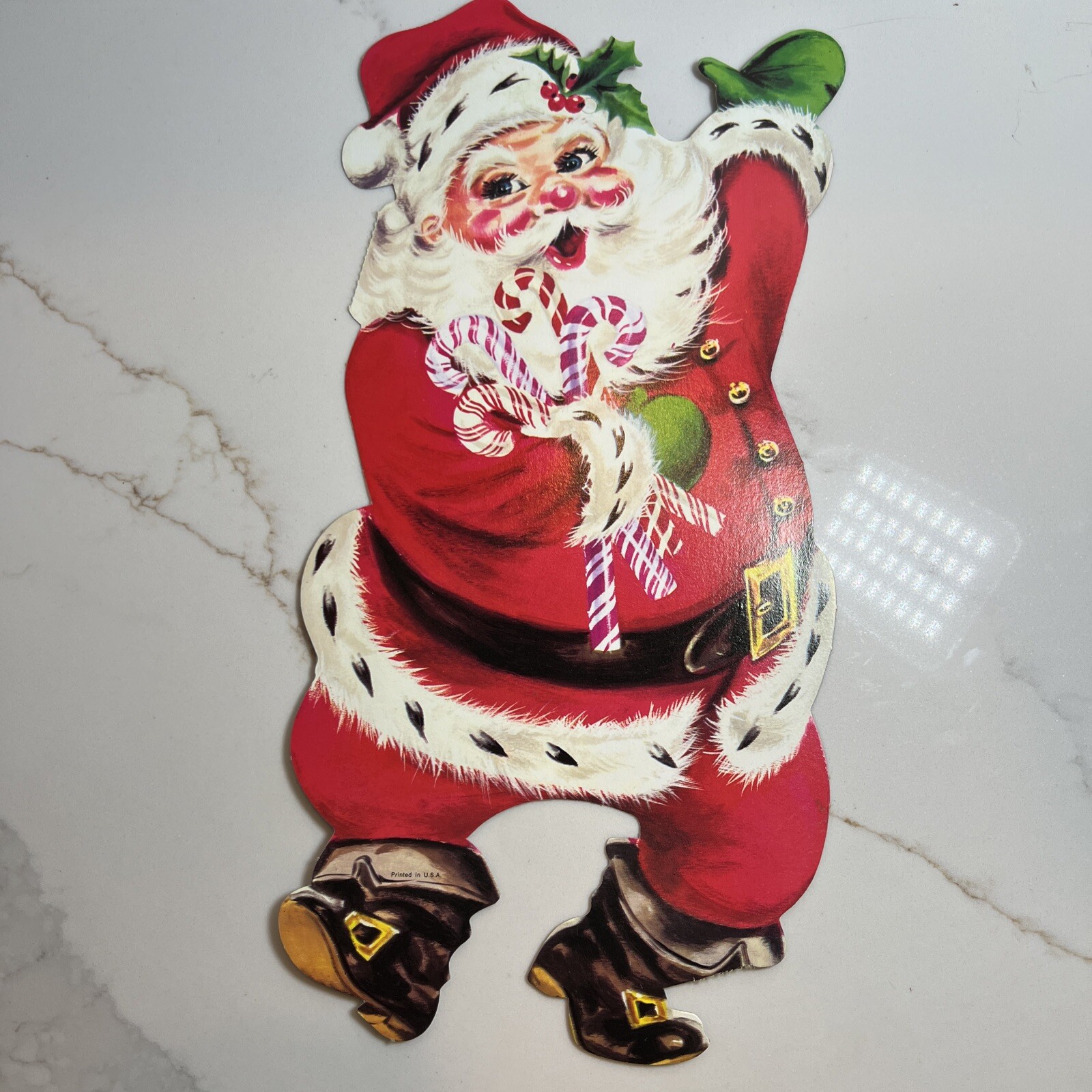 Vintage Cardboard Die Cut Christmas Decoration Waving Santa Candy Canes 14.5″