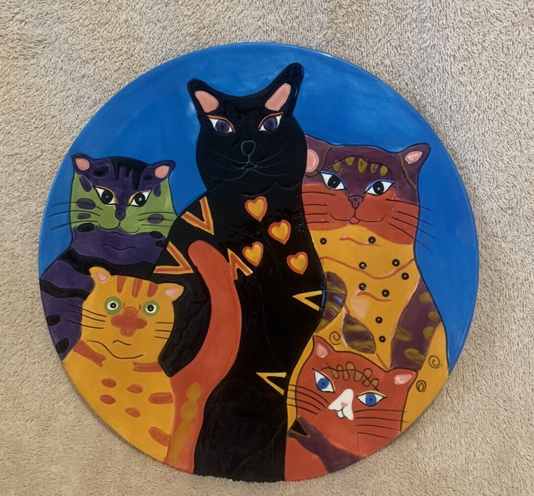 Whimsical Folk Art Purple Black Yellow Orange Cats 10″ Pottery Plate – New