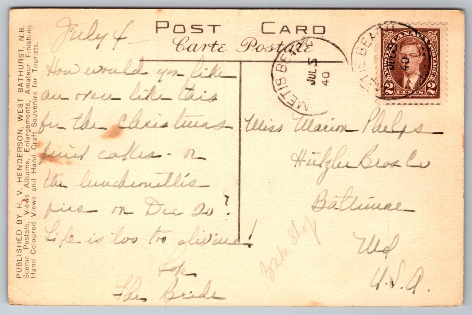 1940 Cloridorme Quebec Roadside Bread Oven Postcard Metis Beach Postmark C297