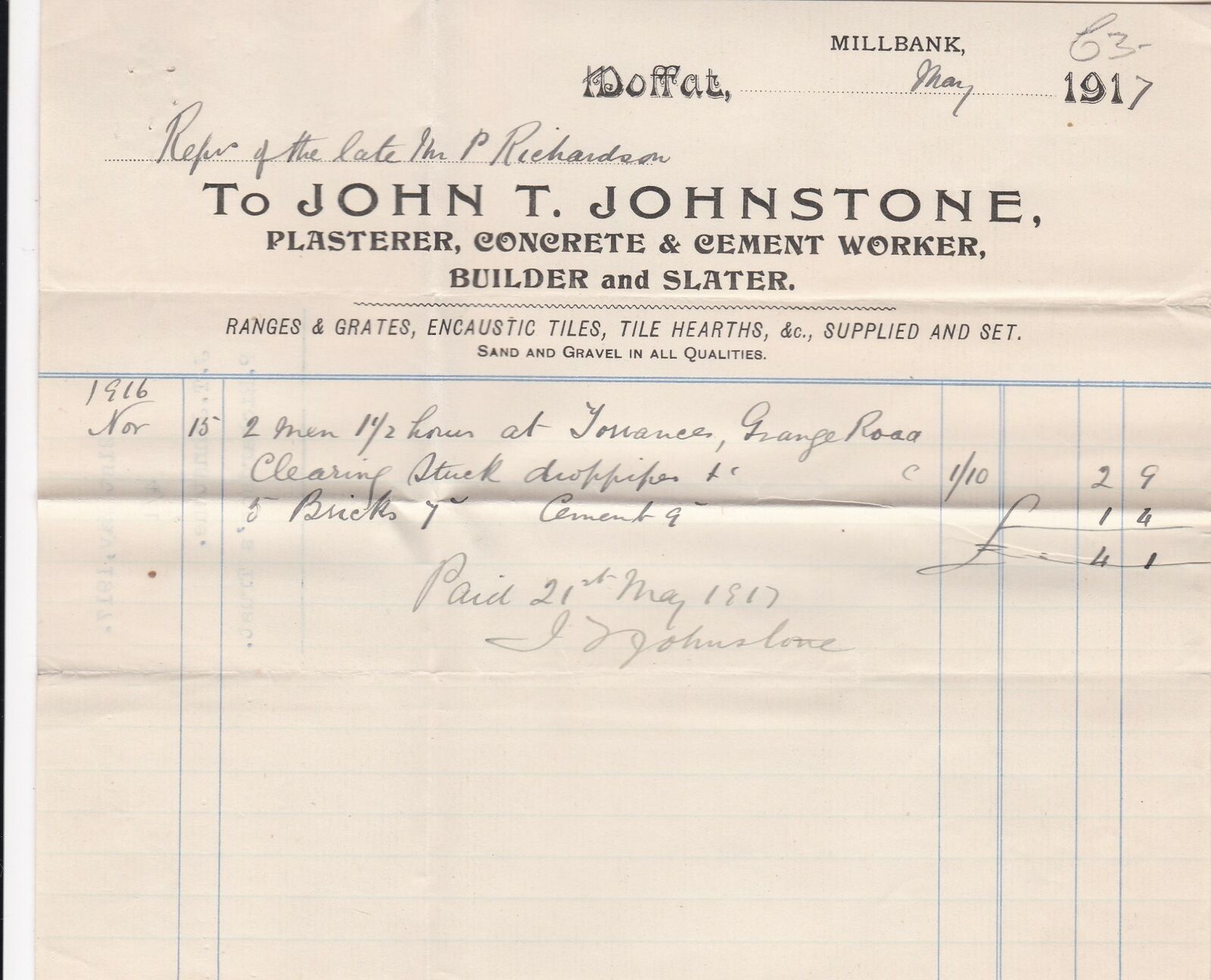 John T. Johnstone 1917 Moffat Clearing 2 Men One+Half Hrs Paid Invoice Ref 41500