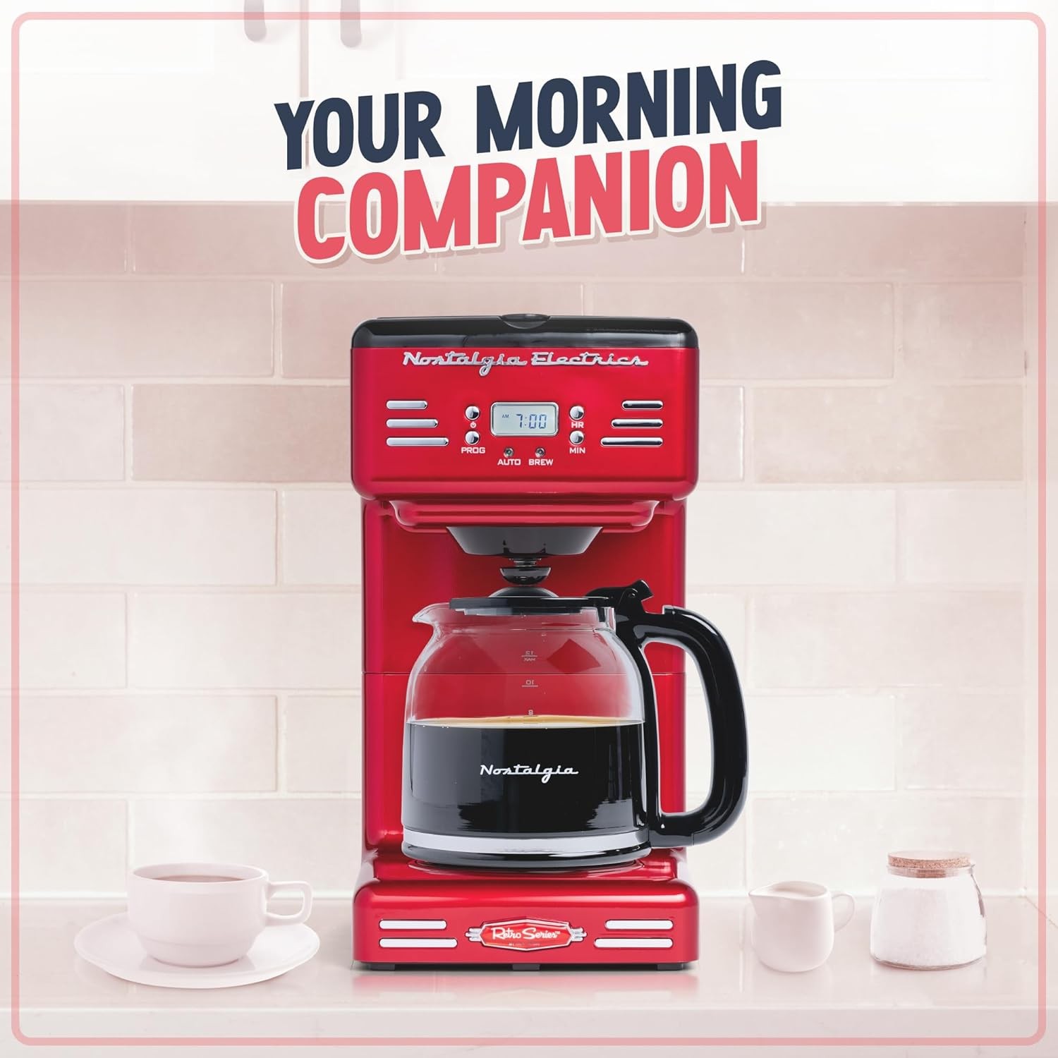 Retro-style 12-cup programmable coffee maker with LED display, red