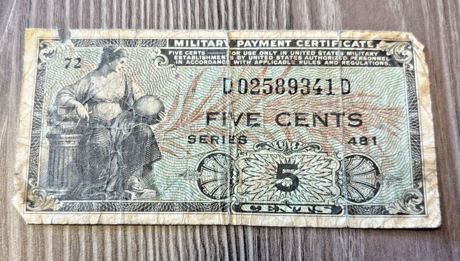 Military Payment Certificate 5 cents Series 481 1950s MPC Used Circulated Vtg