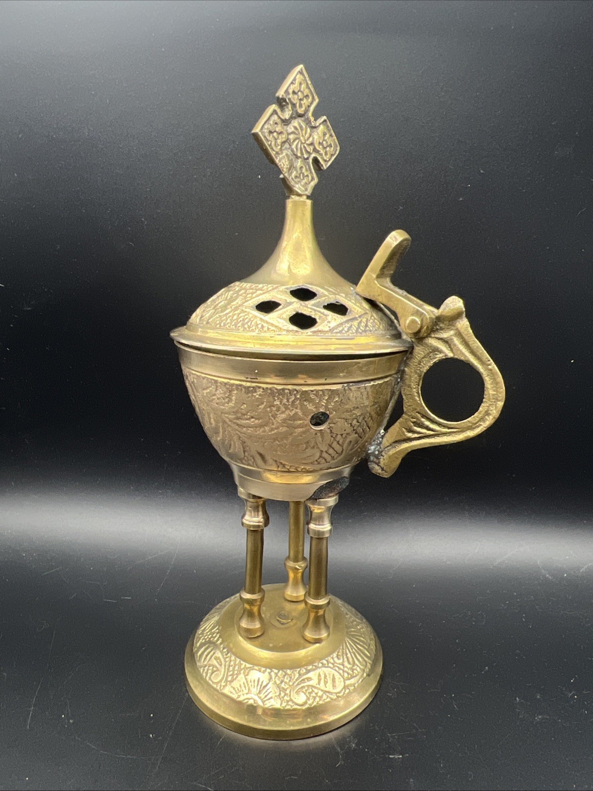 Vintage Brass Cross Incense Burner Church Censer 6.25″ Tall