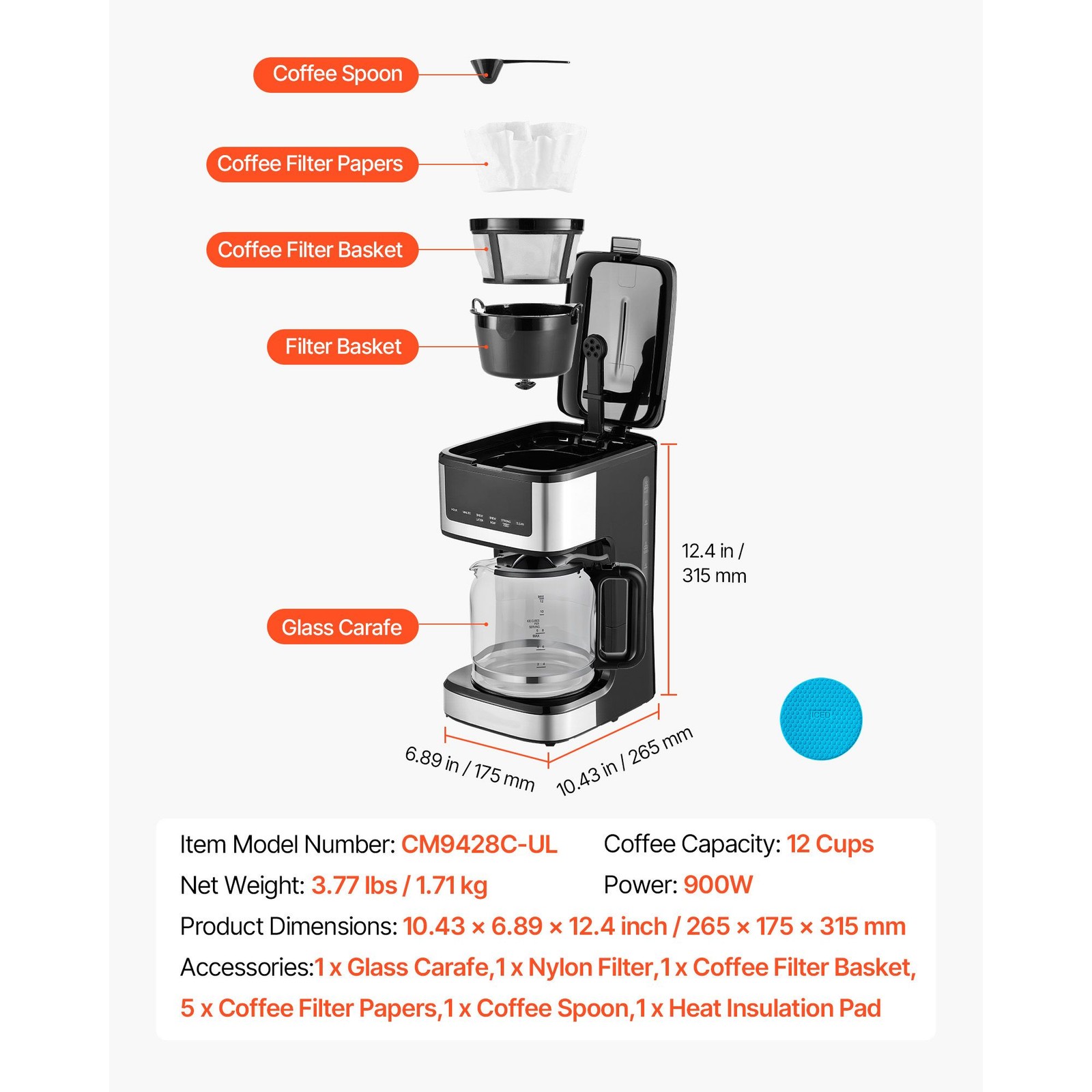12 – Cup Programmable Drip Coffee Maker with Touch Screen, 2 Brew Strengths, 4