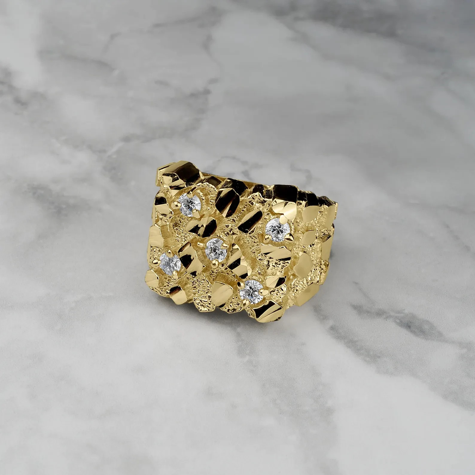 Unique Design 18K Yellow Gold Over Nugget Square Ring with Diamonds For Men Boys