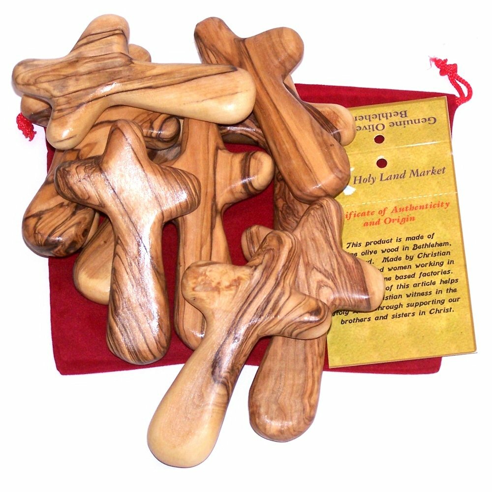 10 Olive Wood Holding Hand Crosses with Red Gift Velvet Bags Bethlehem – Used