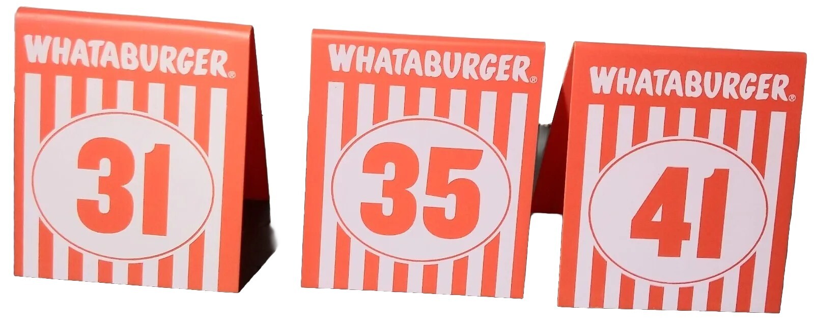 Whataburger Table Tents lot of Three #s 31 35 & 41 Orange and White