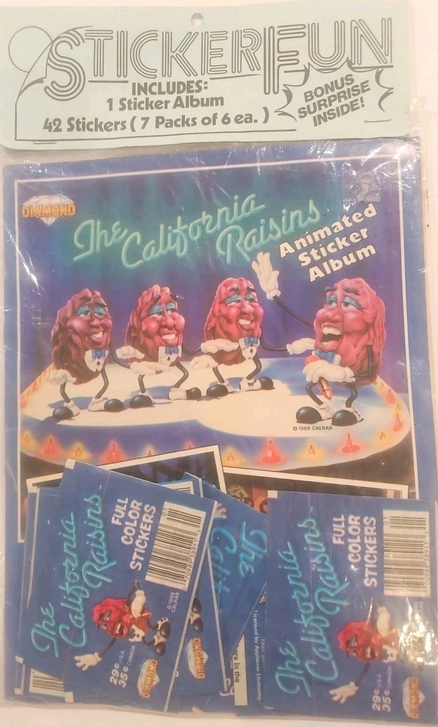 1988 SEALED The California Raisin Sticker Album & 42 Sticker Packs Vintage RARE