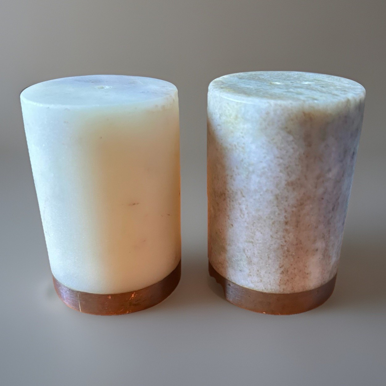 Beige & White Marble Copper Band Salt & Pepper Shakers w Stoppers, 3” Tall Heavy