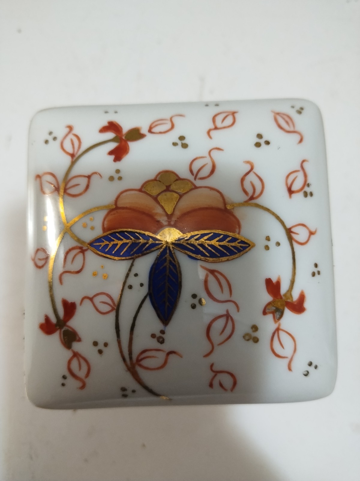 Four Legged Porcelain Hinged Square Trinket Box Floral Orange Whimsical Retro