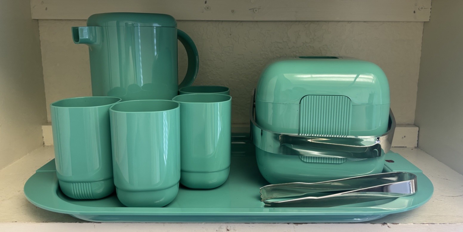 GUZZINI Italy “Amanda” Teal Blue Ice Bucket w/Cups & Pitcher RARE COLOR