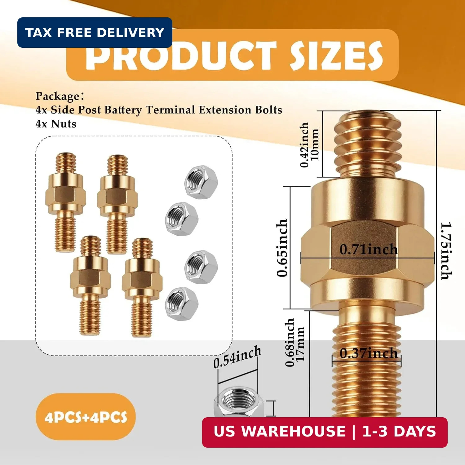 4 Set Side Post Battery Terminal Extension Bolt with Nuts,3/8″-16 Coarse and 3/8