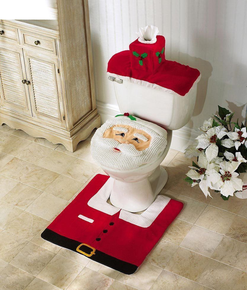 Christmas Decoration Santa Bathroom Set 3-pc Rug Toilet Seat Cover & Tank Cover