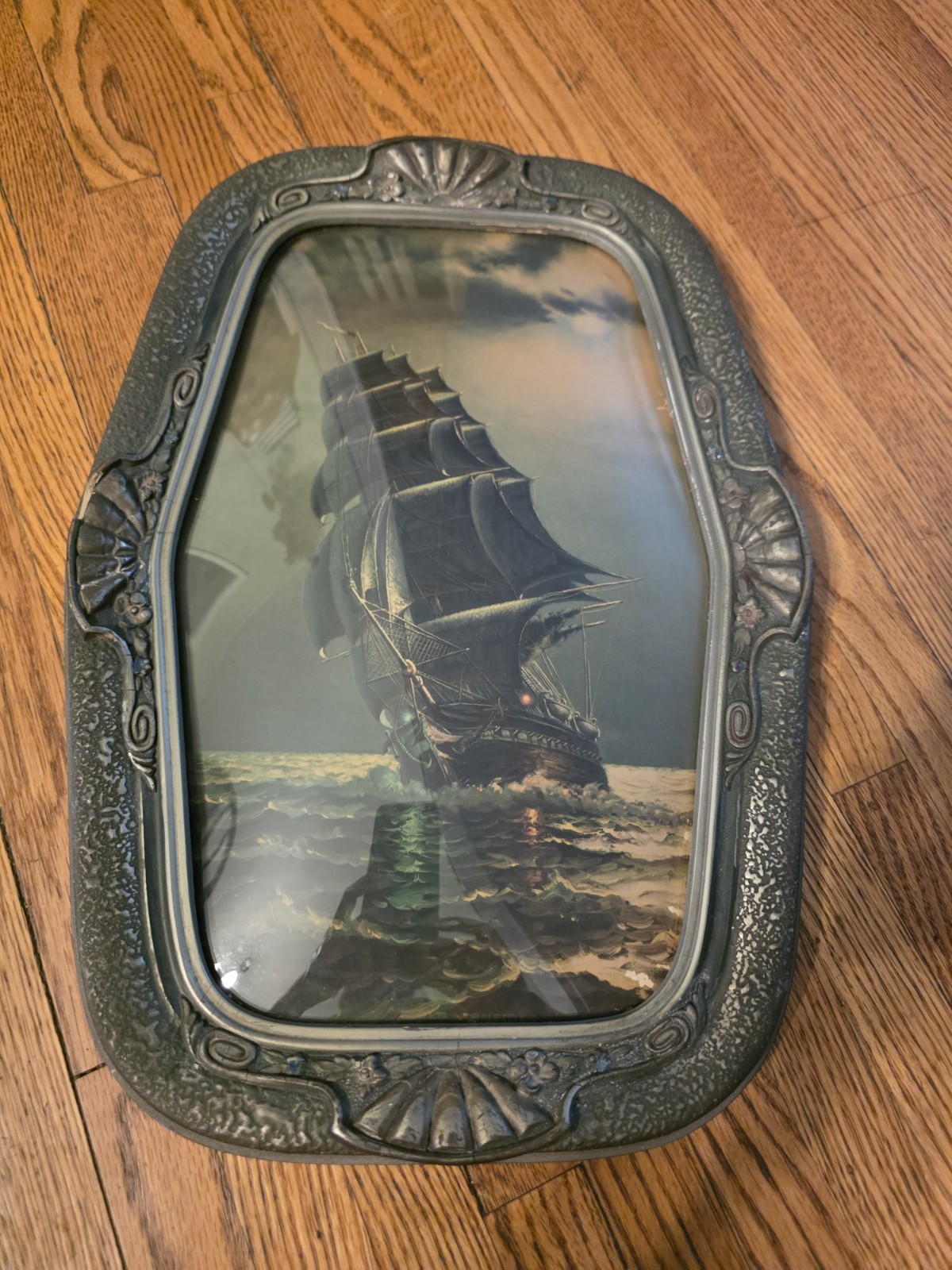 Vintage Gordon Grant ” OLD IRONSIDES” 1927 LITHOGRAPH PRINT, ORNATE BUBBLE FRAME