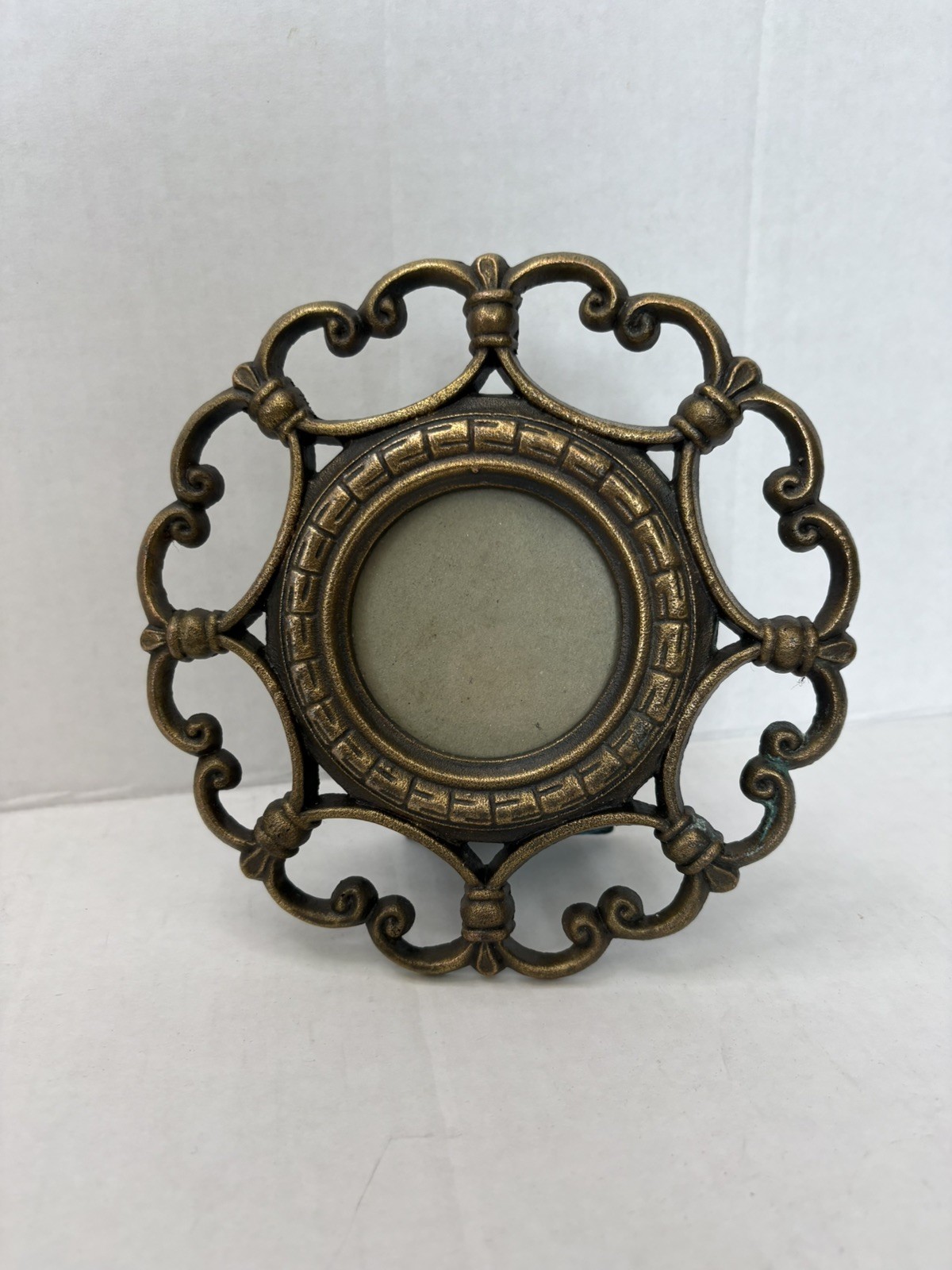 Small Brass Ornate Round Picture Frame Patina 2.5” Photos Free Standing Vintage
