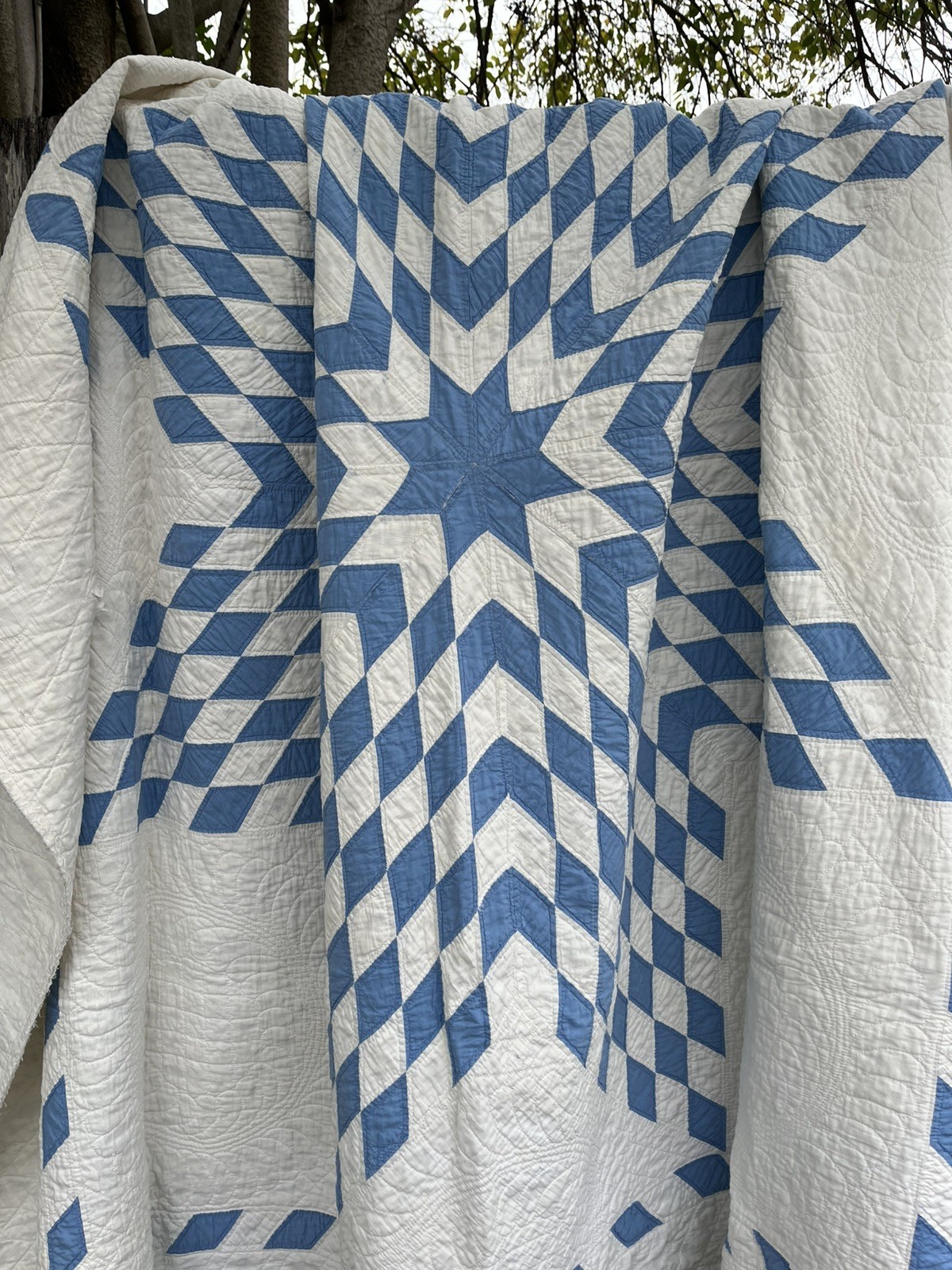 Vintage lone Star Patchwork Quilt Blue White Cottagecore Approx 1920-1950