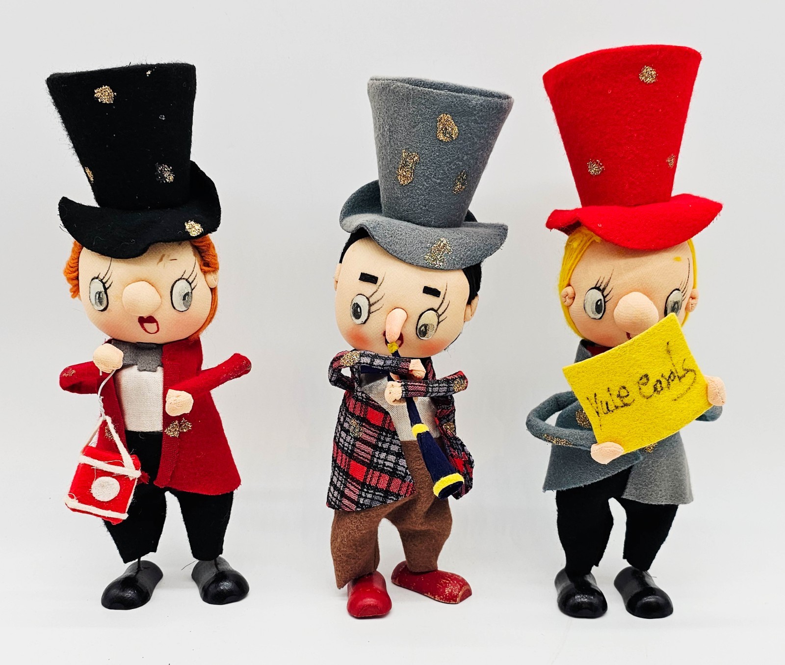 Stockinette Christmas Caroler Figures Set of 3 Hologram Eyes by Noel 10” 1950-60