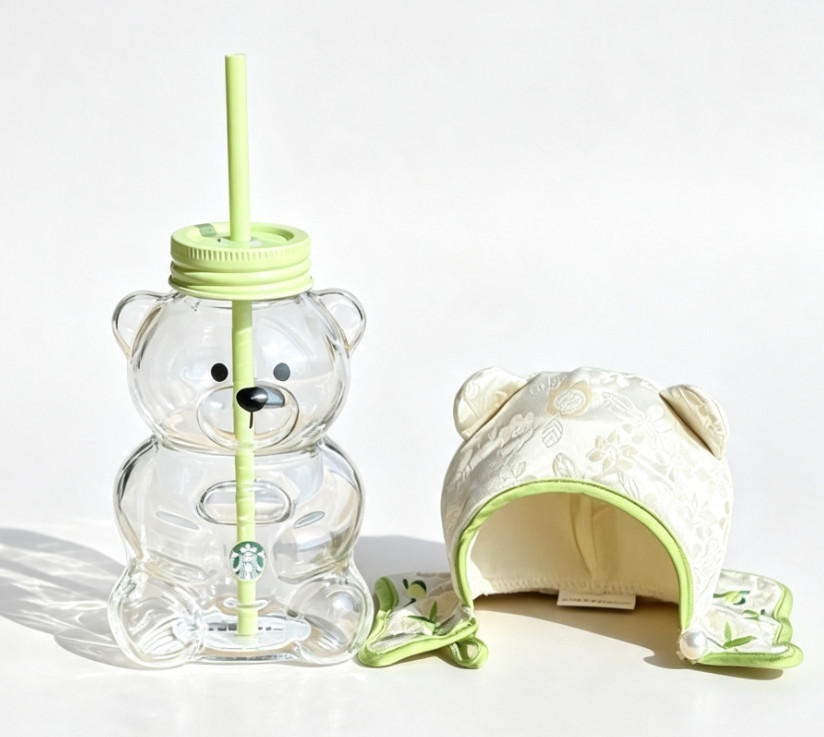 Starbucks Limited Bearista Tumbler Green Bamboo Cloak Glass Straw Water Cup