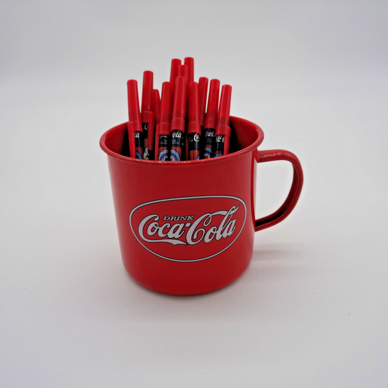 Coca-Cola Promotional/Collectible Enamel Mug Circa 2010–2019 With 12 Coke Pens