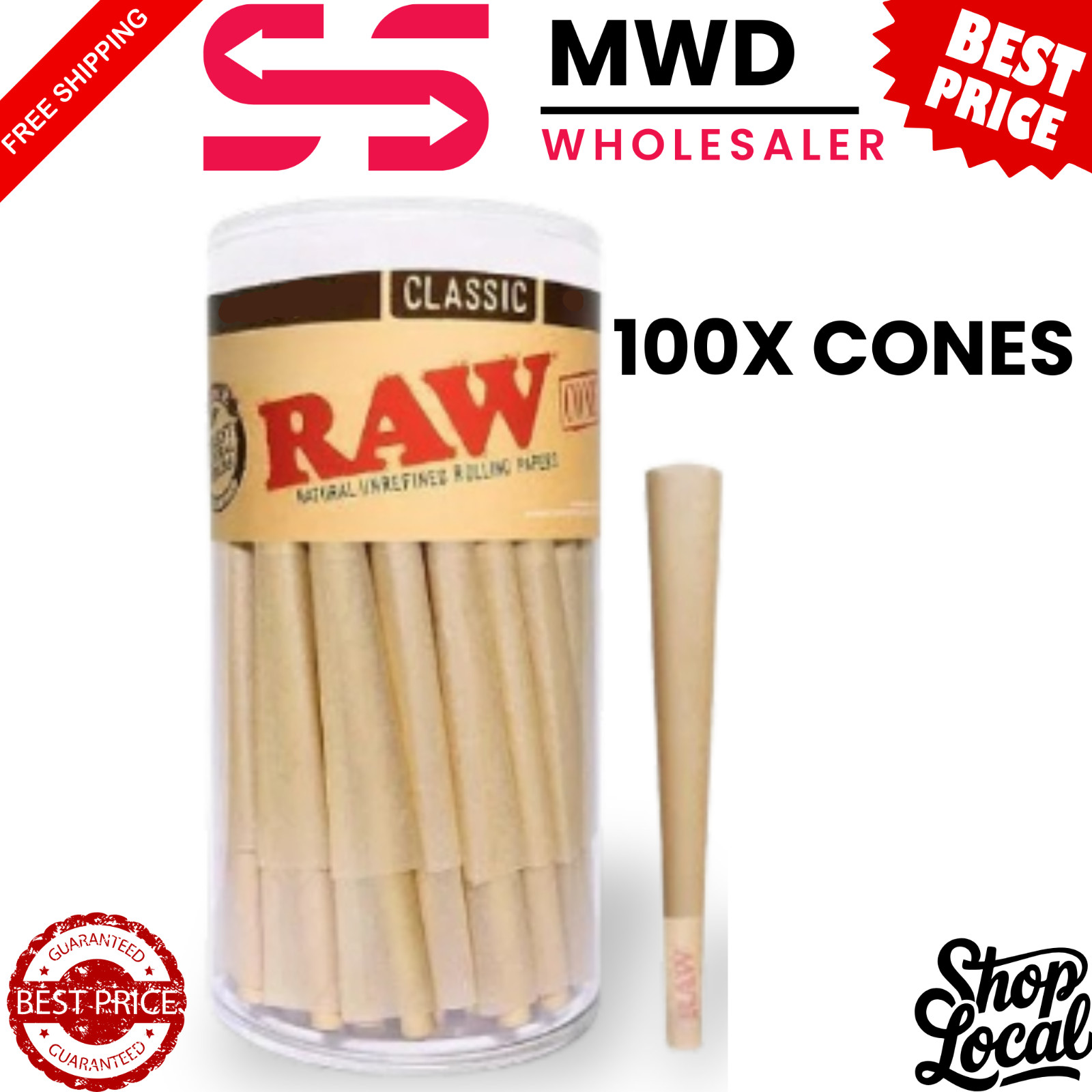 RAW Classic 1 1/4 Pre-Rolled Cones 100pk Extra Fine, Slow Burning Cone